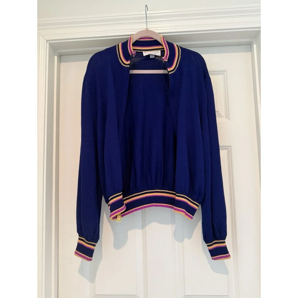 St John Sport‎ Marie Gray Knit Zip Jacket Blue Stripe Trim Size L USA